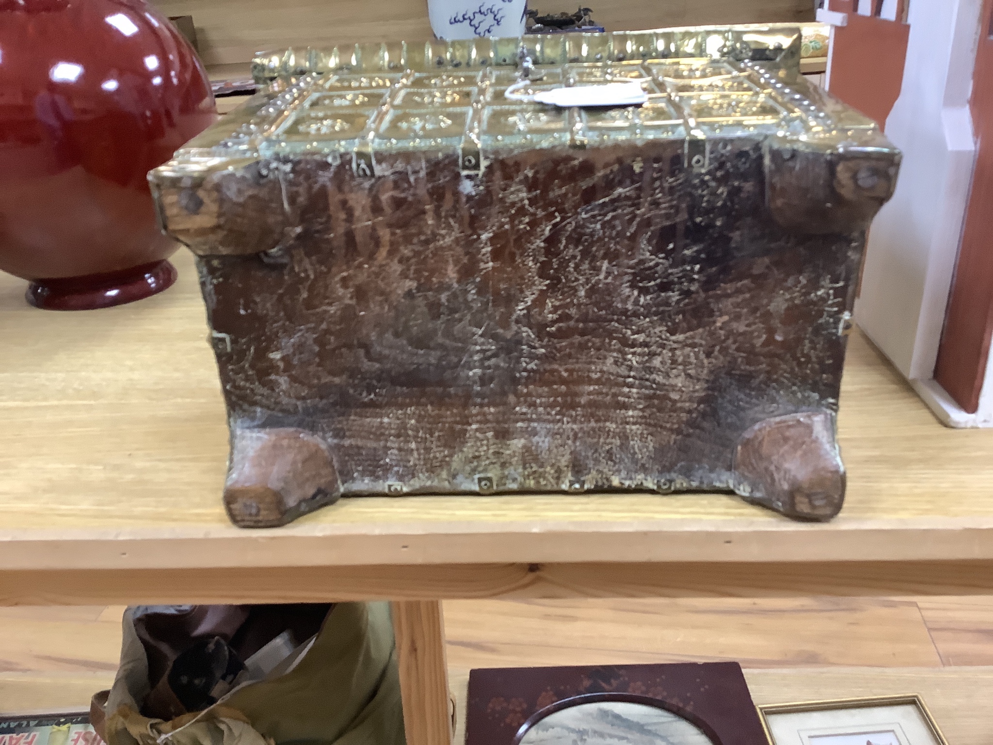 An 18th century brass bound chest, 36cm wide, 25.5cm high